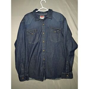 Wrangler Denim Shirt Mens 2XL Blue Pearl Snap Dark Wash Western Rodeo Ranchwear